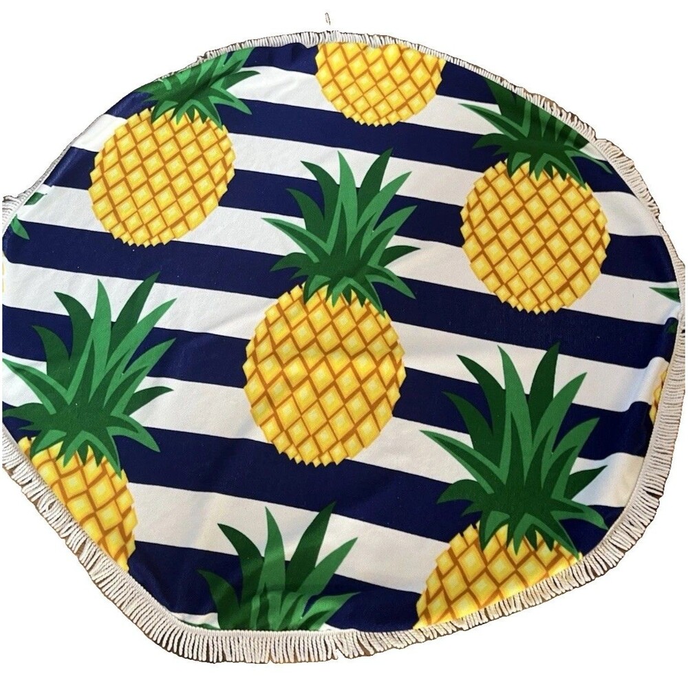 Round Pineapple Beach Towel 60” Navy White Stripe Fringe Pool Picnic Blanket